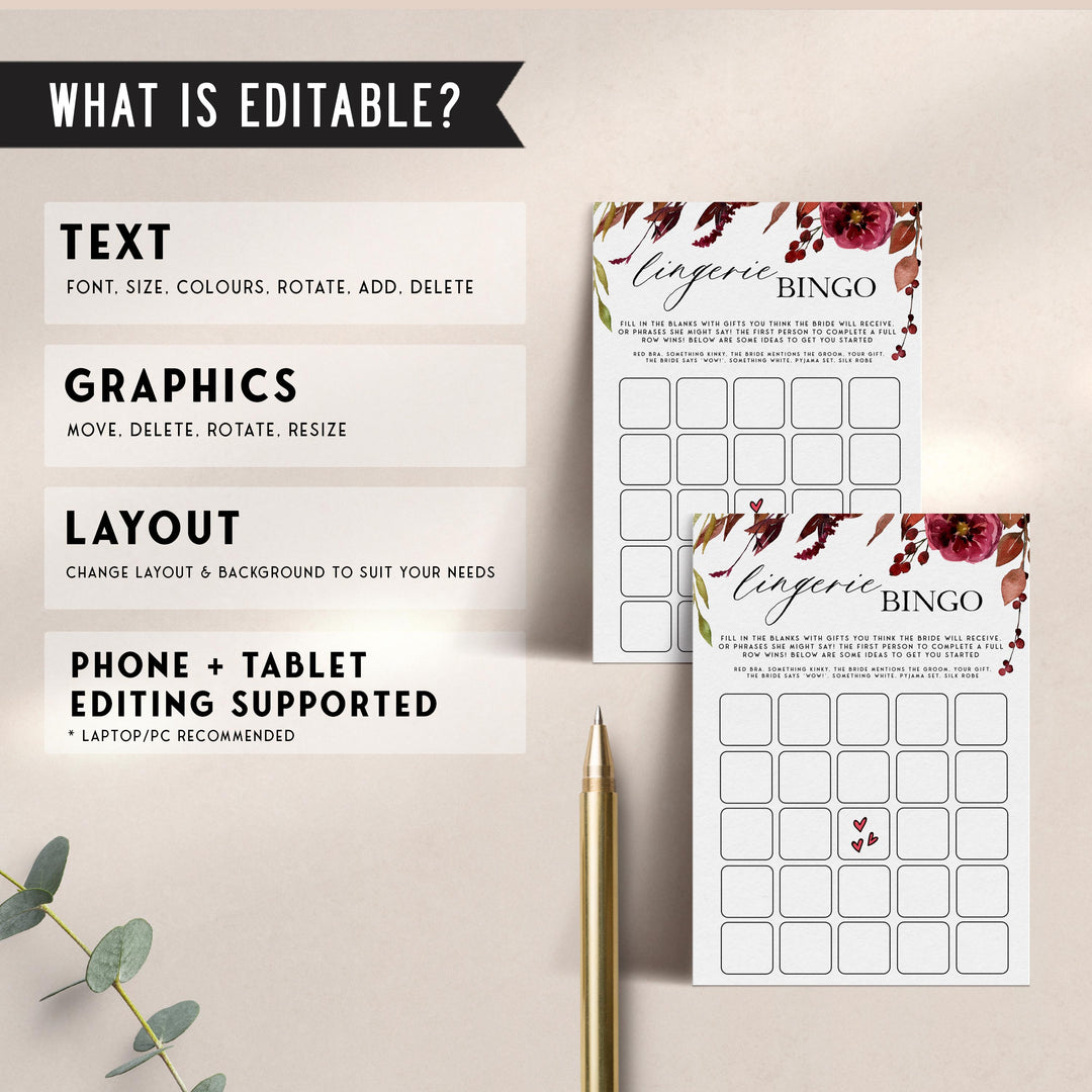 Fully editable and printable lingerie bingo game with a Fall design. Perfect for a fall floral bridal shower