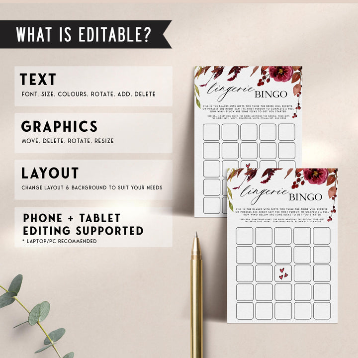Fully editable and printable lingerie bingo game with a Fall design. Perfect for a fall floral bridal shower