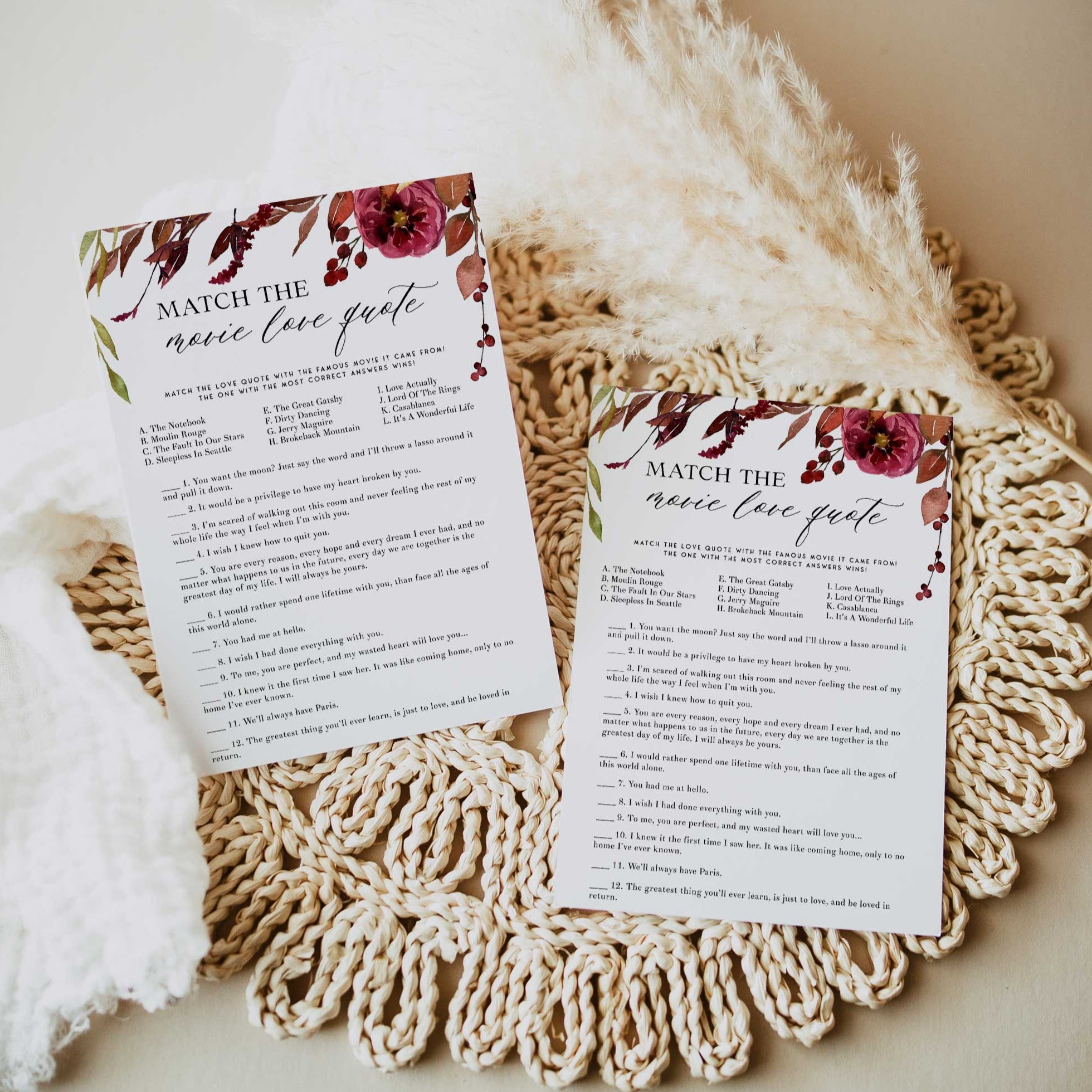 Fully editable and printable match the movie love quotes game with a Fall design. Perfect for a fall floral bridal shower