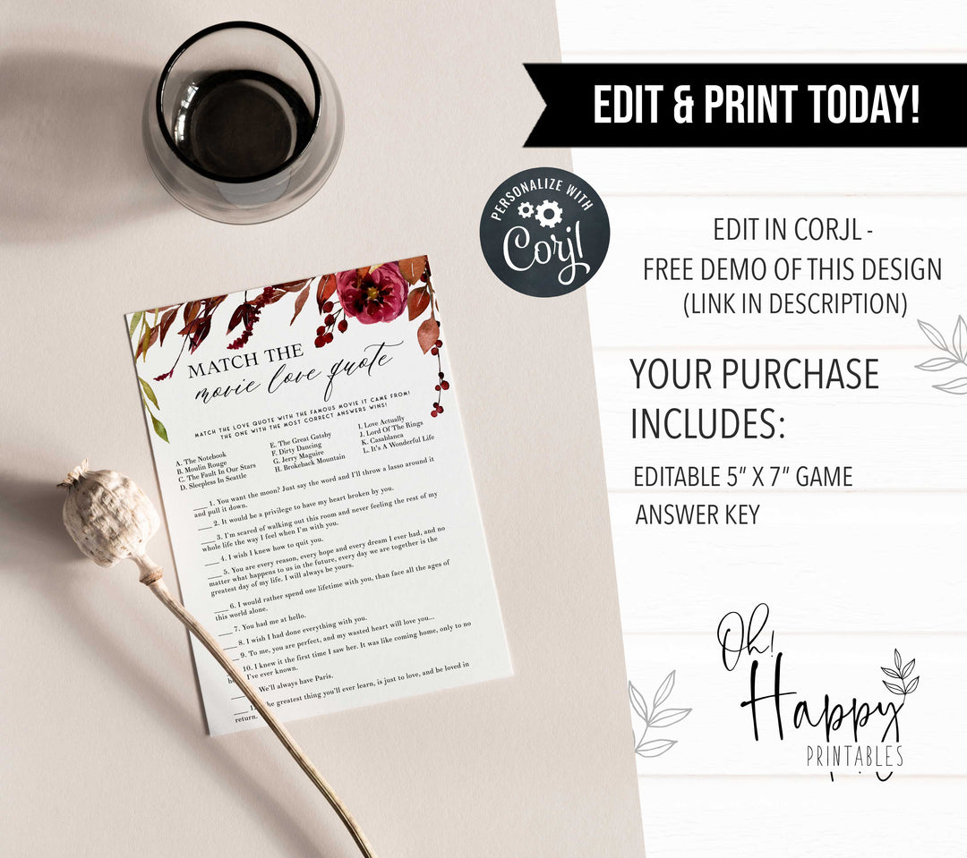 Fully editable and printable match the movie love quotes game with a Fall design. Perfect for a fall floral bridal shower