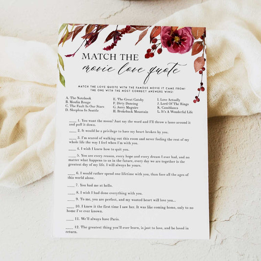 Fully editable and printable match the movie love quotes game with a Fall design. Perfect for a fall floral bridal shower