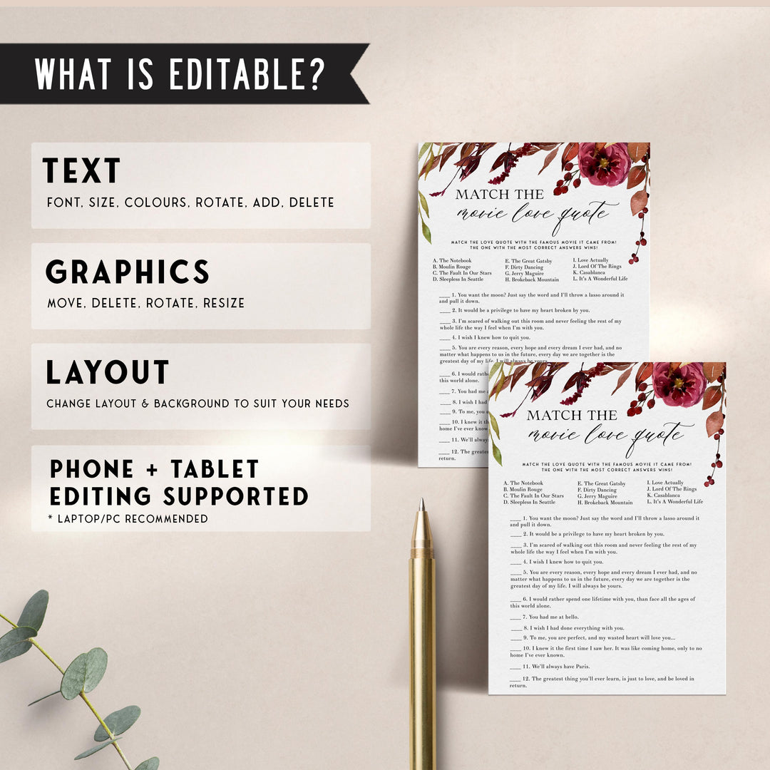 Fully editable and printable match the movie love quotes game with a Fall design. Perfect for a fall floral bridal shower