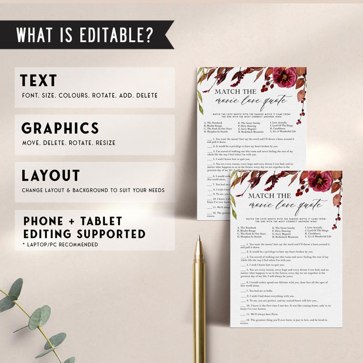 Fully editable and printable match the movie love quotes game with a Fall design. Perfect for a fall floral bridal shower