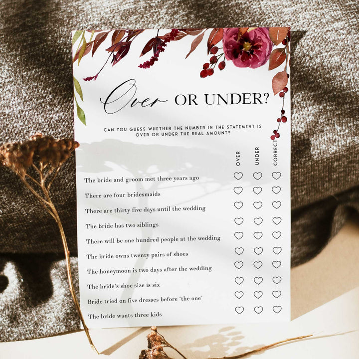 Fully editable and printable over or under games with a Fall design. Perfect for a fall floral bridal shower