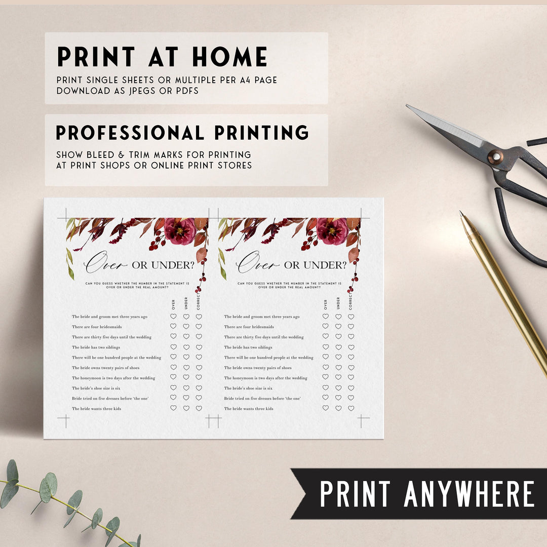 Fully editable and printable over or under games with a Fall design. Perfect for a fall floral bridal shower