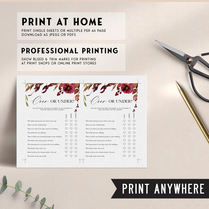 Fully editable and printable over or under games with a Fall design. Perfect for a fall floral bridal shower