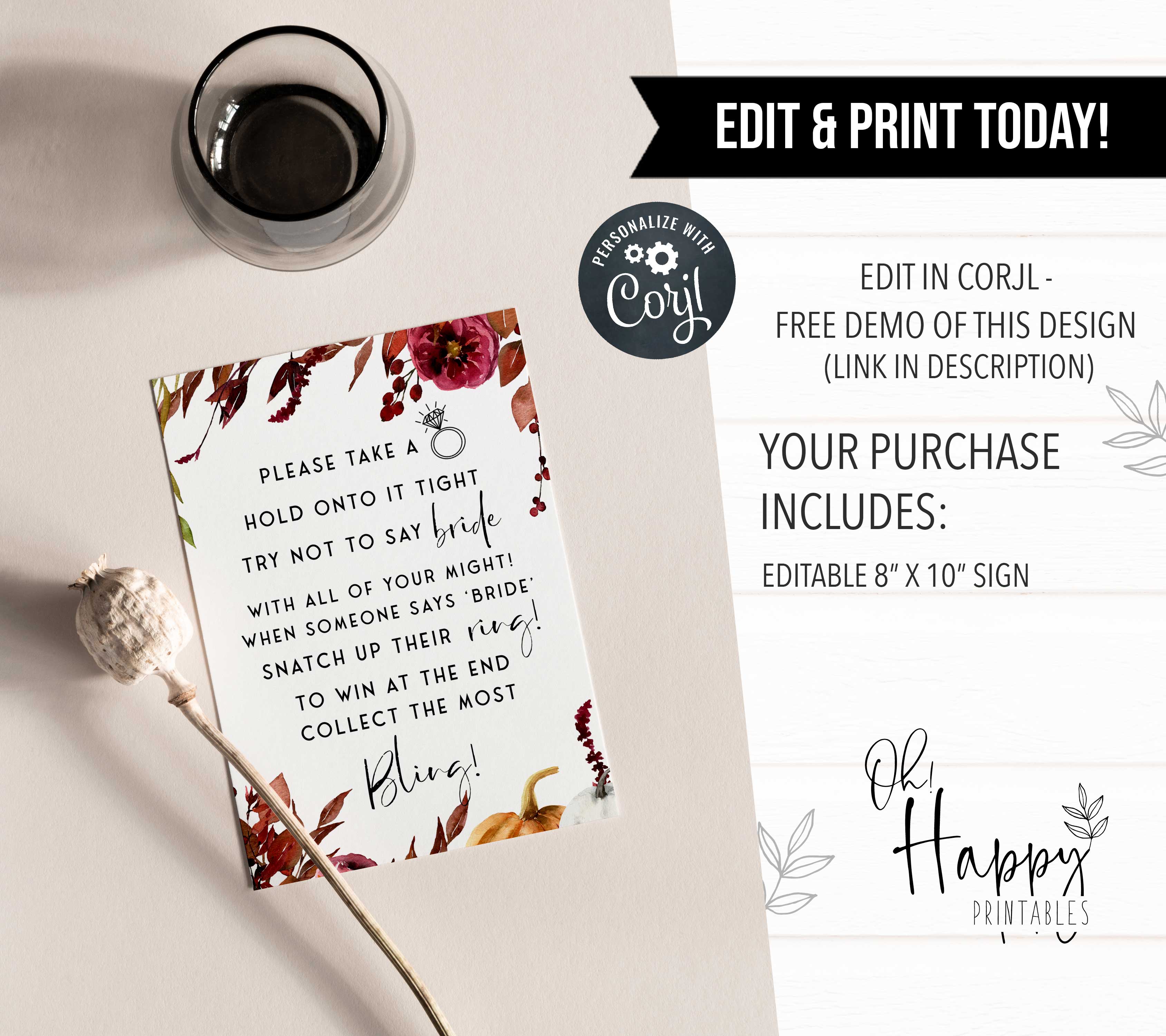 Fully editable and printable please take a ring game with a Fall design. Perfect for a fall floral bridal shower