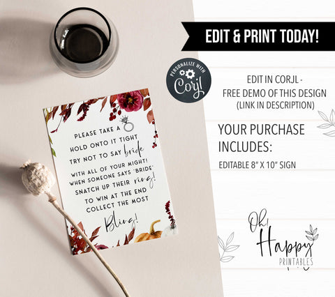 Fully editable and printable please take a ring game with a Fall design. Perfect for a fall floral bridal shower