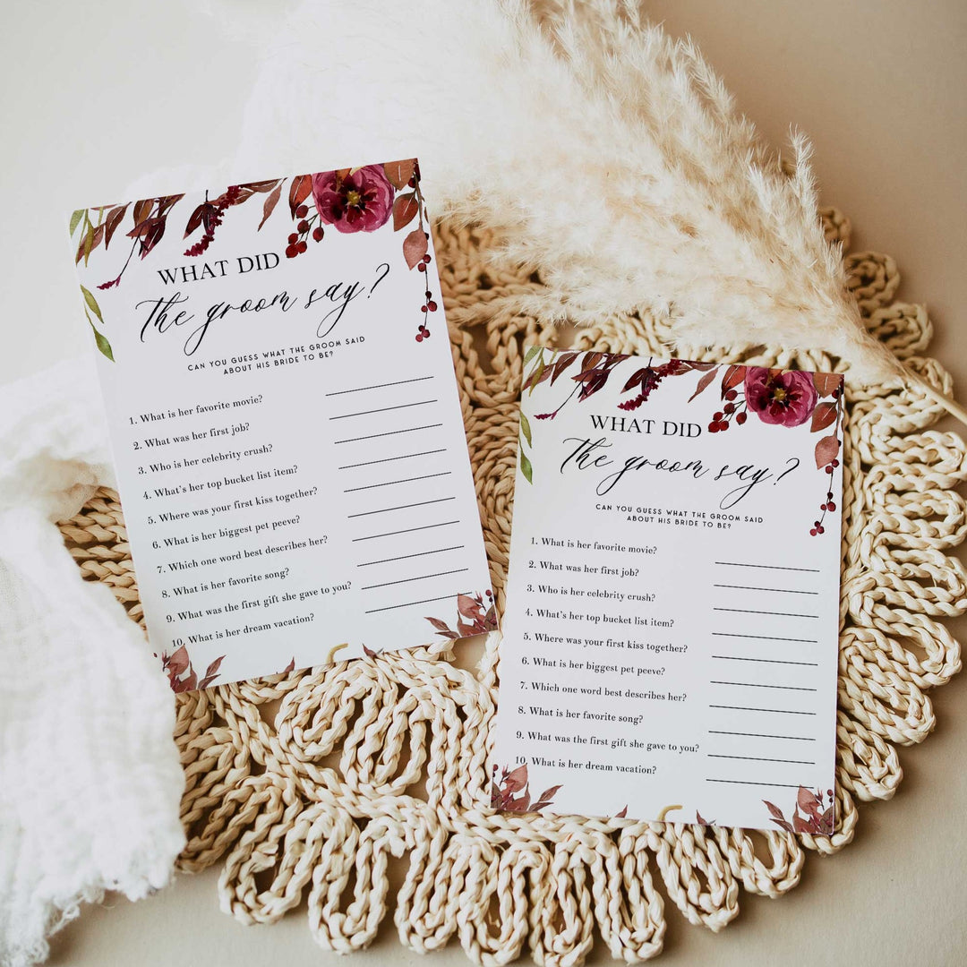 Fully editable and printable what did the groom say game with a Fall design. Perfect for a fall floral bridal shower