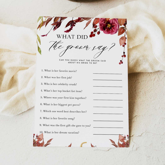 Fully editable and printable what did the groom say game with a Fall design. Perfect for a fall floral bridal shower