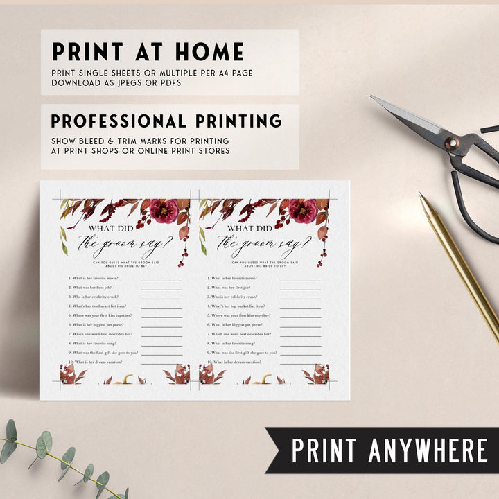 Fully editable and printable what did the groom say game with a Fall design. Perfect for a fall floral bridal shower