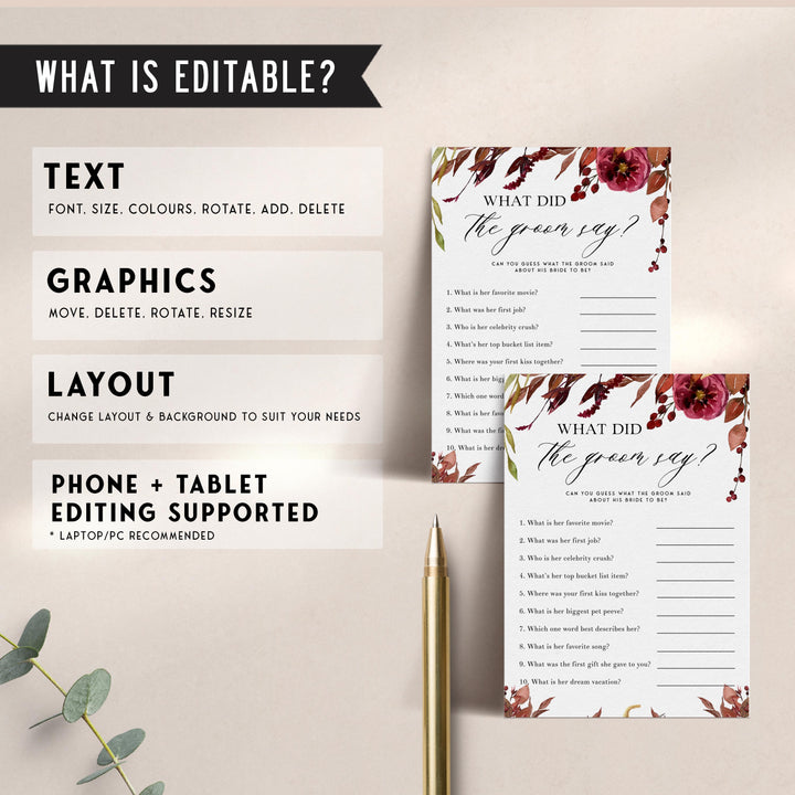 Fully editable and printable what did the groom say game with a Fall design. Perfect for a fall floral bridal shower