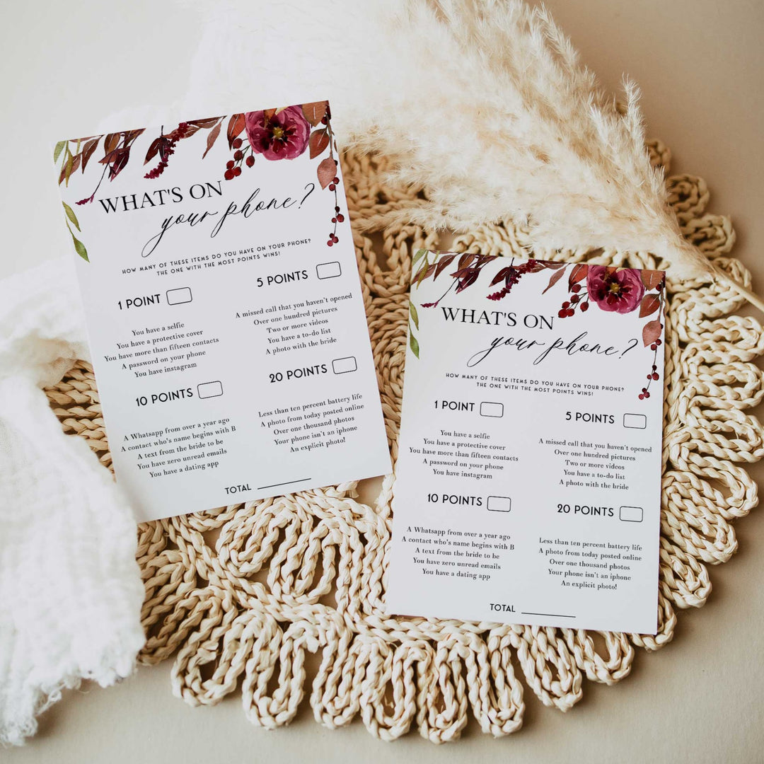 Fully editable and printable what's on your phone game with a Fall design. Perfect for a fall floral bridal shower