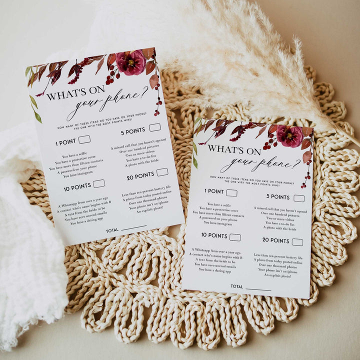 Fully editable and printable what's on your phone game with a Fall design. Perfect for a fall floral bridal shower