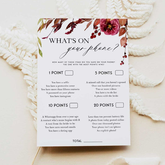 Fully editable and printable what's on your phone game with a Fall design. Perfect for a fall floral bridal shower