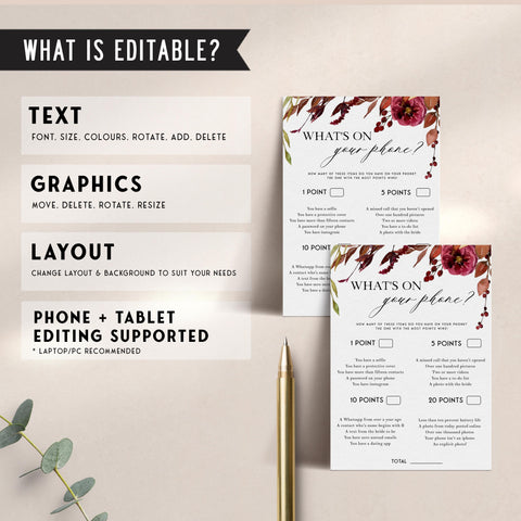 Fully editable and printable what's on your phone game with a Fall design. Perfect for a fall floral bridal shower