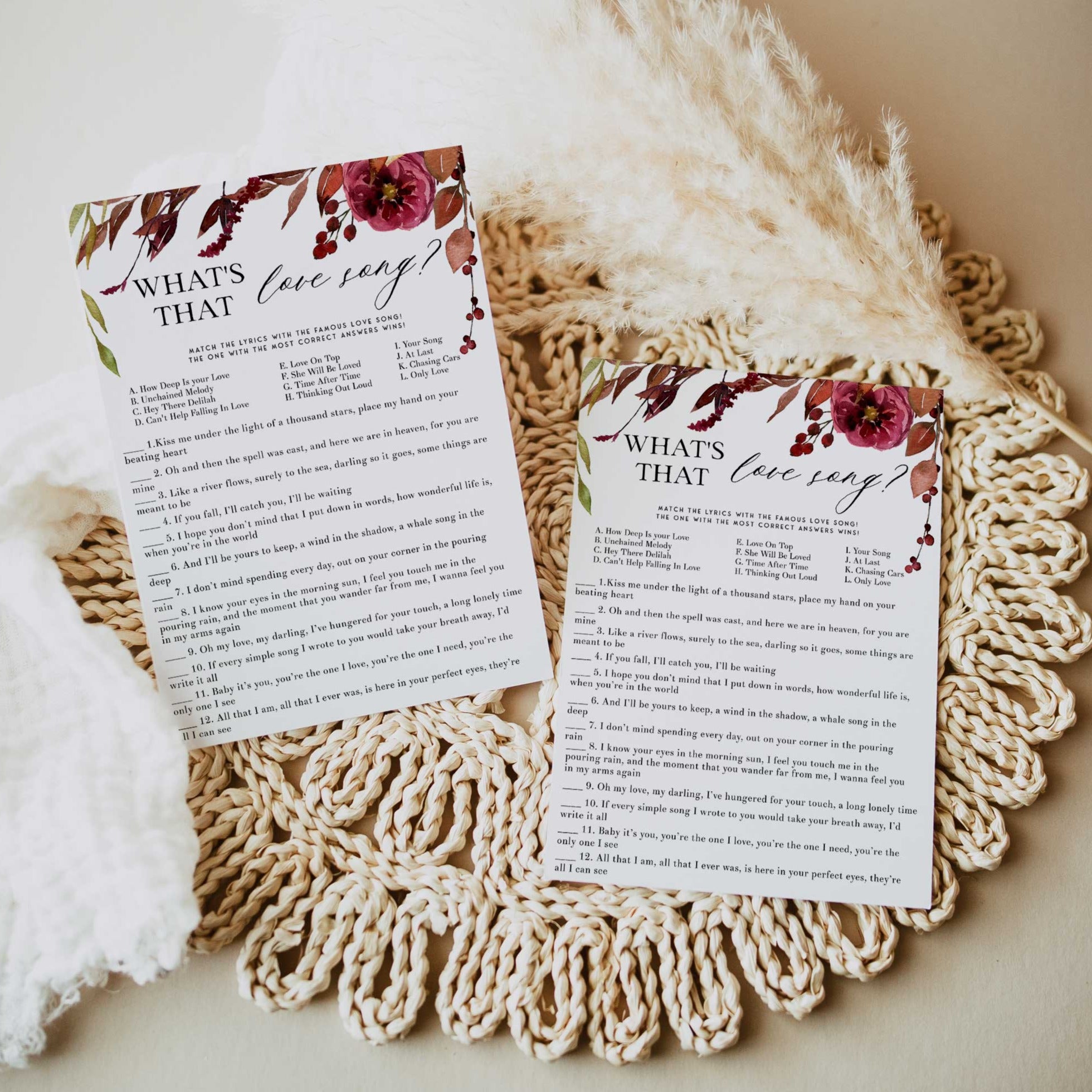 Fully editable and printable what's that love song game with a Fall design. Perfect for a fall floral bridal shower