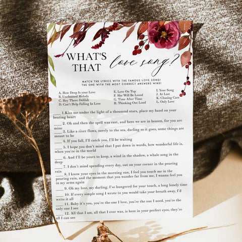 Fully editable and printable what's that love song game with a Fall design. Perfect for a fall floral bridal shower