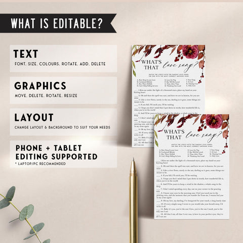 Fully editable and printable what's that love song game with a Fall design. Perfect for a fall floral bridal shower
