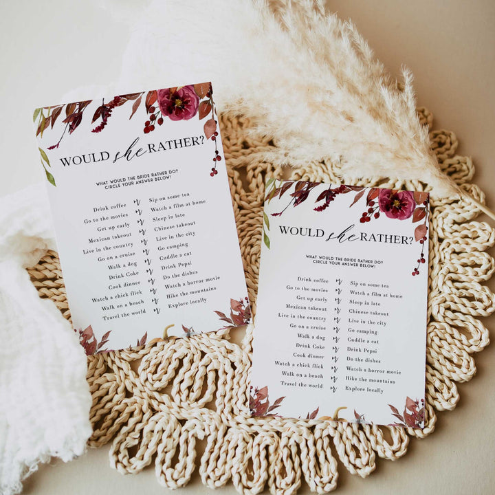 Fully editable and printable would she rather game with a Fall design. Perfect for a fall floral bridal shower