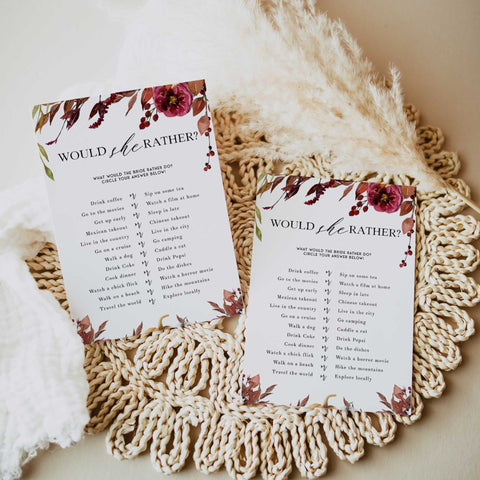 Fully editable and printable would she rather game with a Fall design. Perfect for a fall floral bridal shower