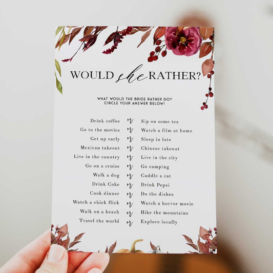 Fully editable and printable would she rather game with a Fall design. Perfect for a fall floral bridal shower