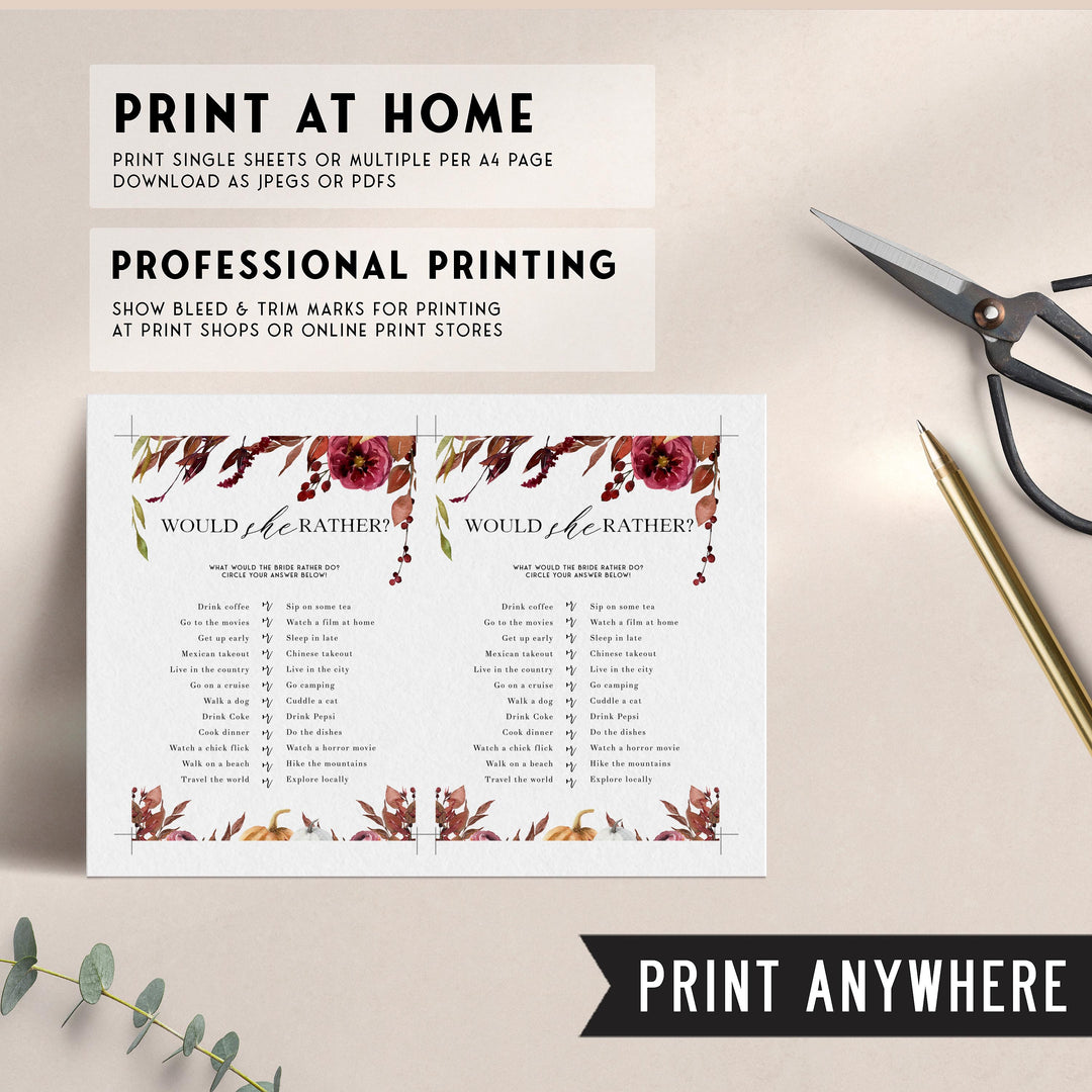 Fully editable and printable would she rather game with a Fall design. Perfect for a fall floral bridal shower