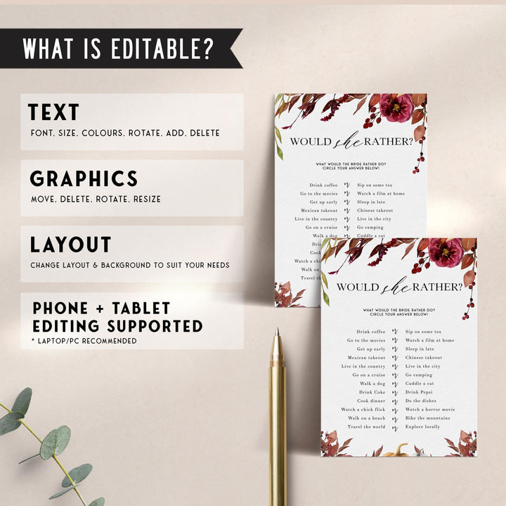 Fully editable and printable would she rather game with a Fall design. Perfect for a fall floral bridal shower
