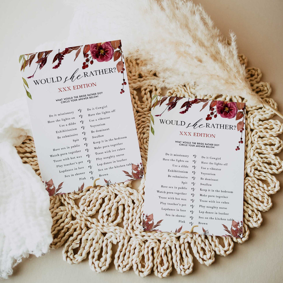 Fully editable and printable dirty would she rather game with a Fall design. Perfect for a fall floral bridal shower