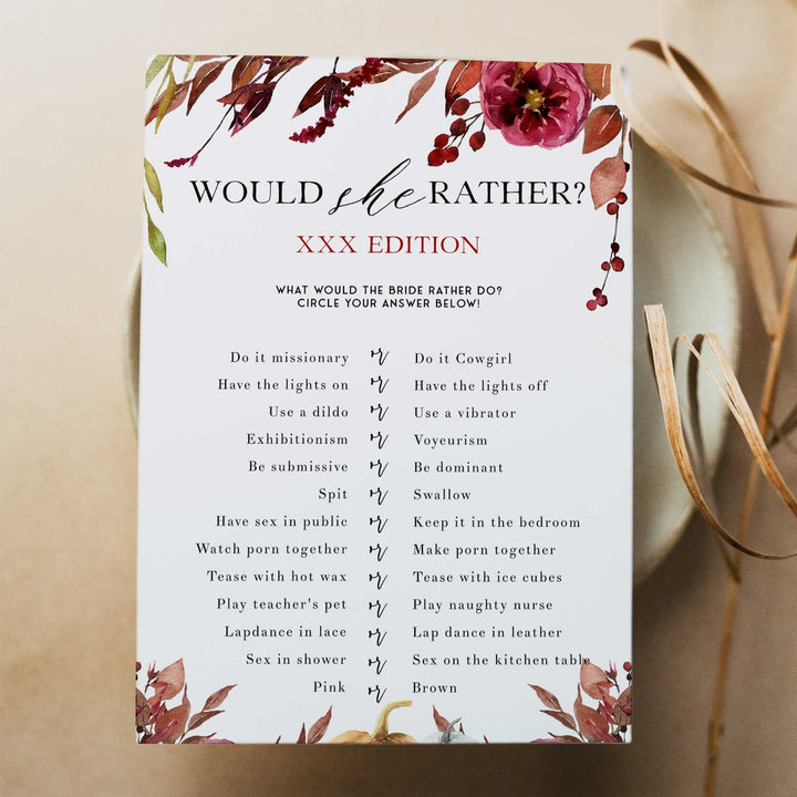Fully editable and printable dirty would she rather game with a Fall design. Perfect for a fall floral bridal shower