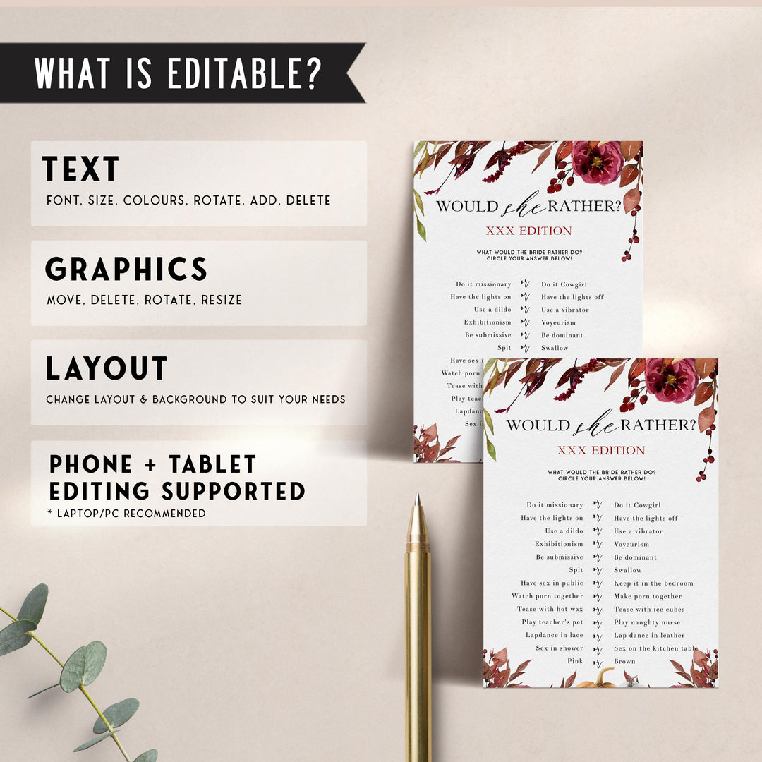 Fully editable and printable dirty would she rather game with a Fall design. Perfect for a fall floral bridal shower