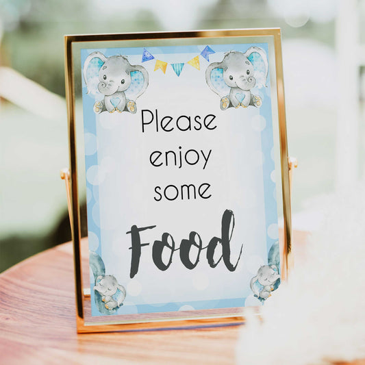 food baby table signs, food baby signs, Blue elephant baby decor, printable baby table signs, printable baby decor, blue table signs, fun baby signs, fun baby table signs
