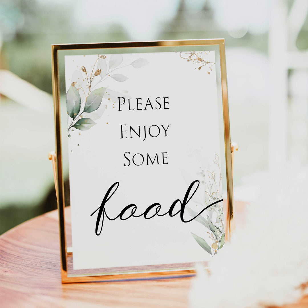 Gold green leaf baby signs, food signs, printable baby shower decor, fun baby signs, top baby games to play, gold leaf baby shower decor, greenery baby shower ideas