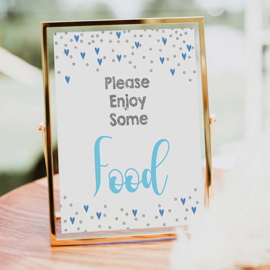 food baby shower table signs, food table signs, Blue hearts baby decor, printable baby table signs, printable baby decor, silver glitter table signs, fun baby signs, blue hearts fun baby table signs