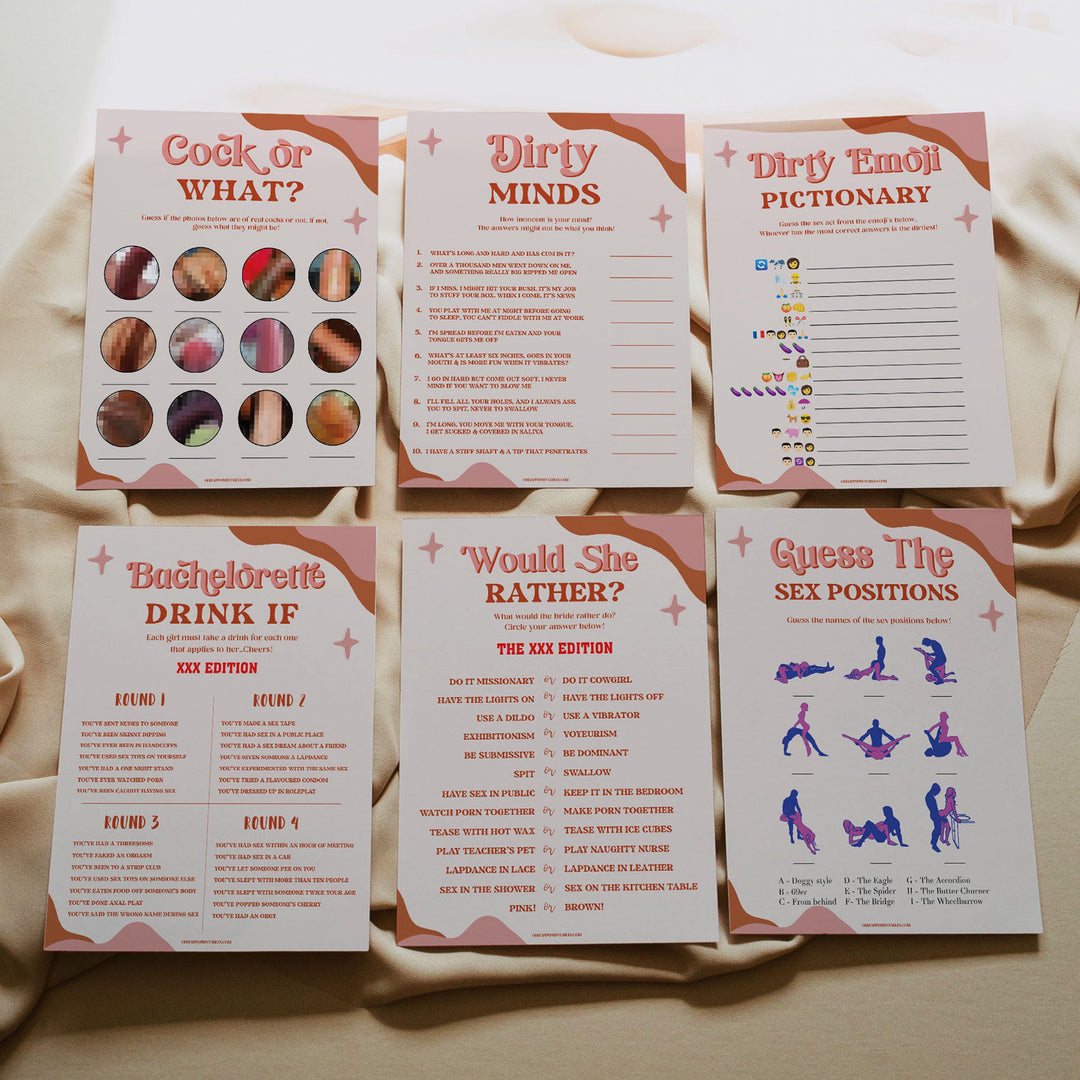 bachelorette party games, printable hen party games, cock or what game, dirty bachelorette party games, modern 70s bridal games