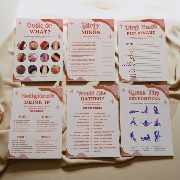 bachelorette party games, printable hen party games, cock or what game, dirty bachelorette party games, modern 70s bridal games
