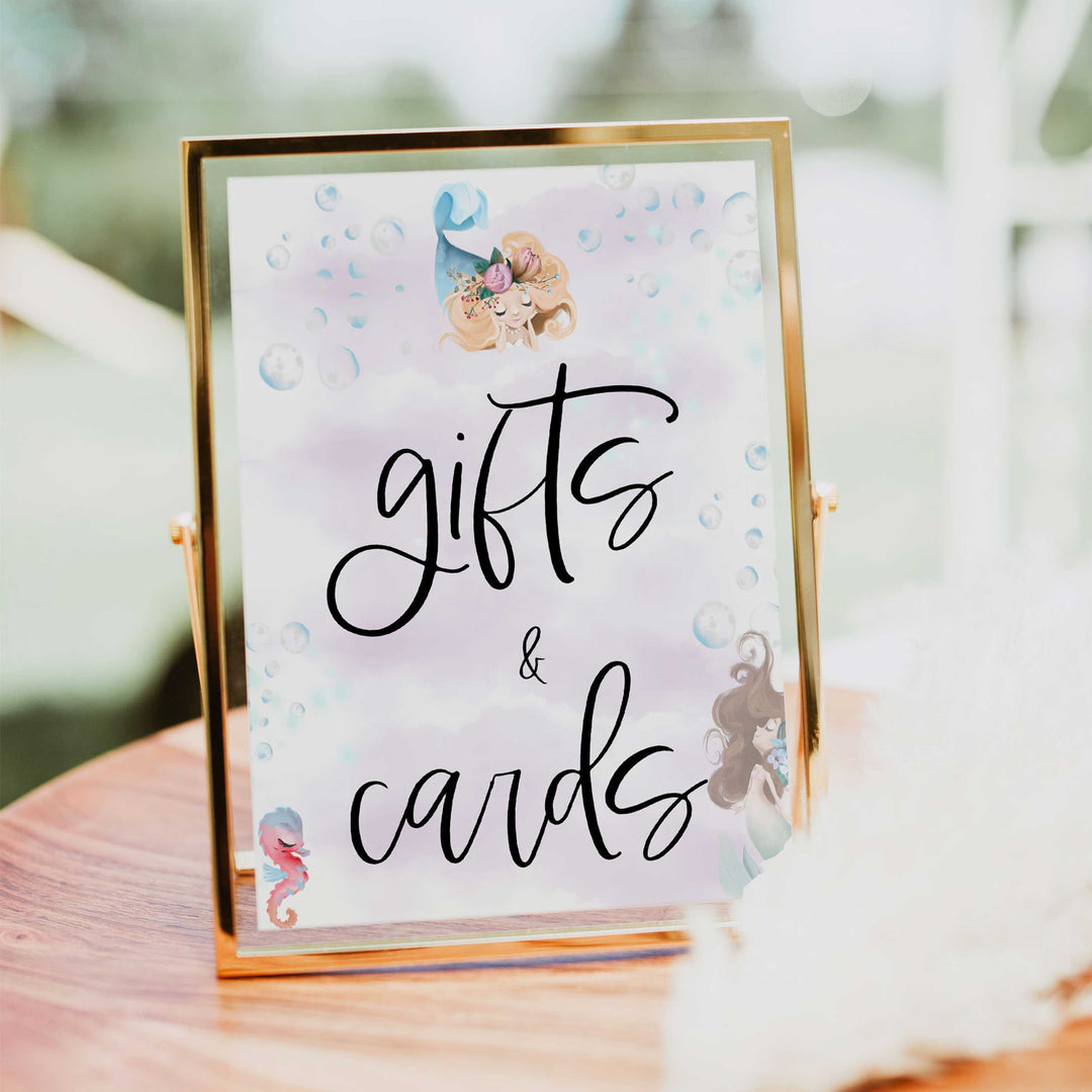 gifts and cards table sign, Little mermaid baby decor, printable baby table signs, printable baby decor, baby little mermaid table signs, fun baby signs, baby little mermaid fun baby table signs