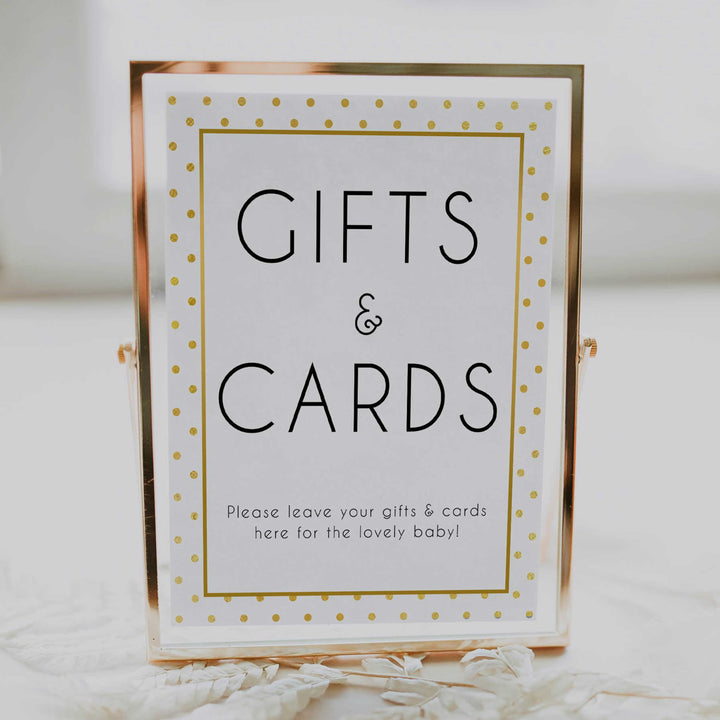 gifts and cards table signs, gifts cards baby signs, Baby gold dots baby decor, printable baby table signs, printable baby decor, baby gold glitter table signs, fun baby signs, baby gold fun baby table signs