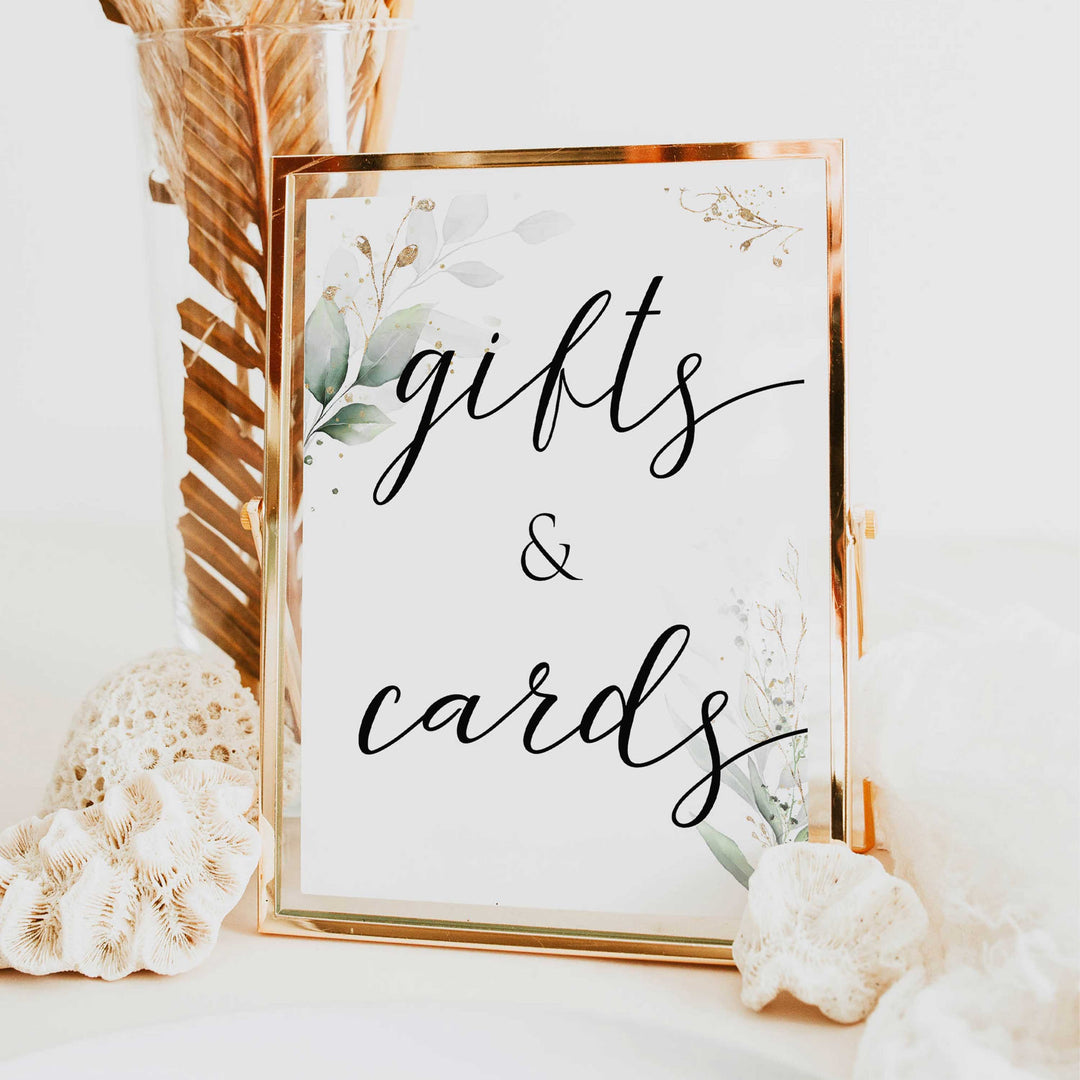 Gold green leaf baby signs, gifts and cards sign, printable baby shower decor, fun baby signs, top baby games to play, gold leaf baby shower decor, greenery baby shower ideas