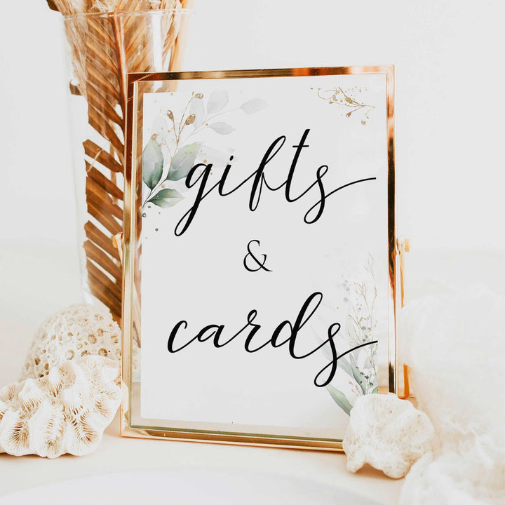 Gold green leaf baby signs, gifts and cards sign, printable baby shower decor, fun baby signs, top baby games to play, gold leaf baby shower decor, greenery baby shower ideas