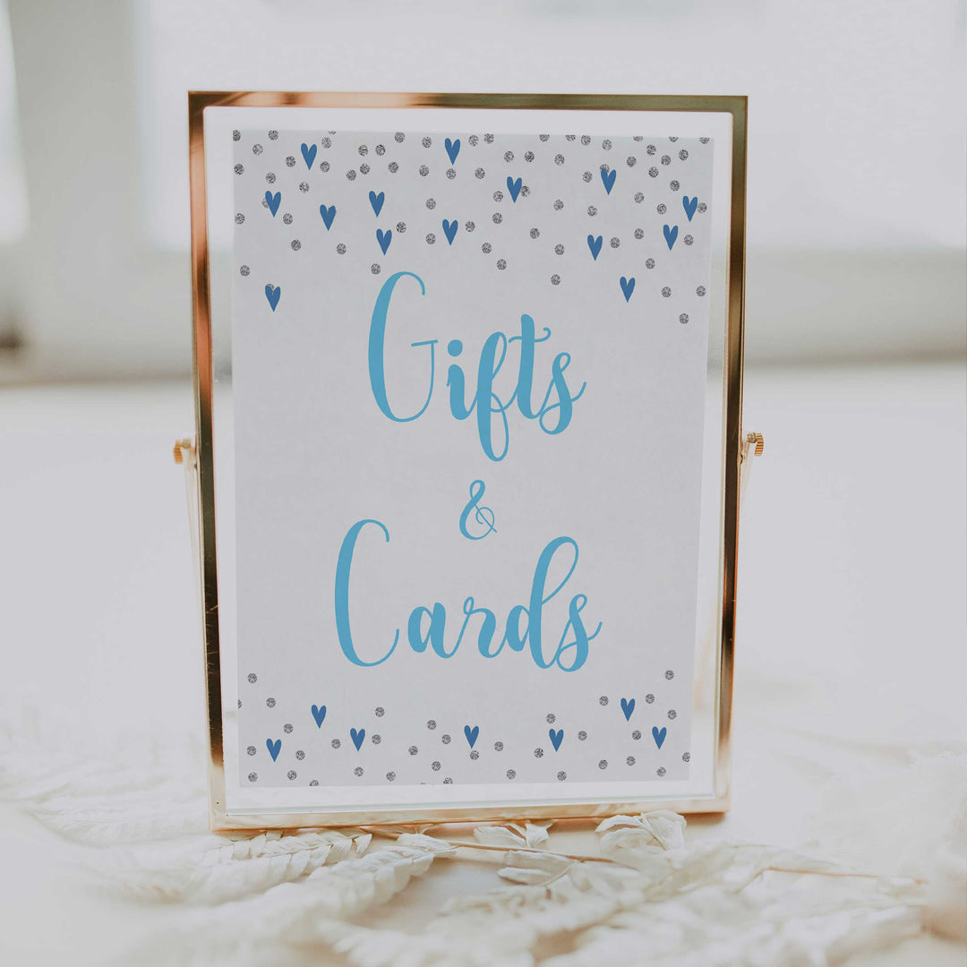gifts and cards baby table signs, gifts and cards baby sign, Blue hearts baby decor, printable baby table signs, printable baby decor, silver glitter table signs, fun baby signs, blue hearts fun baby table signs