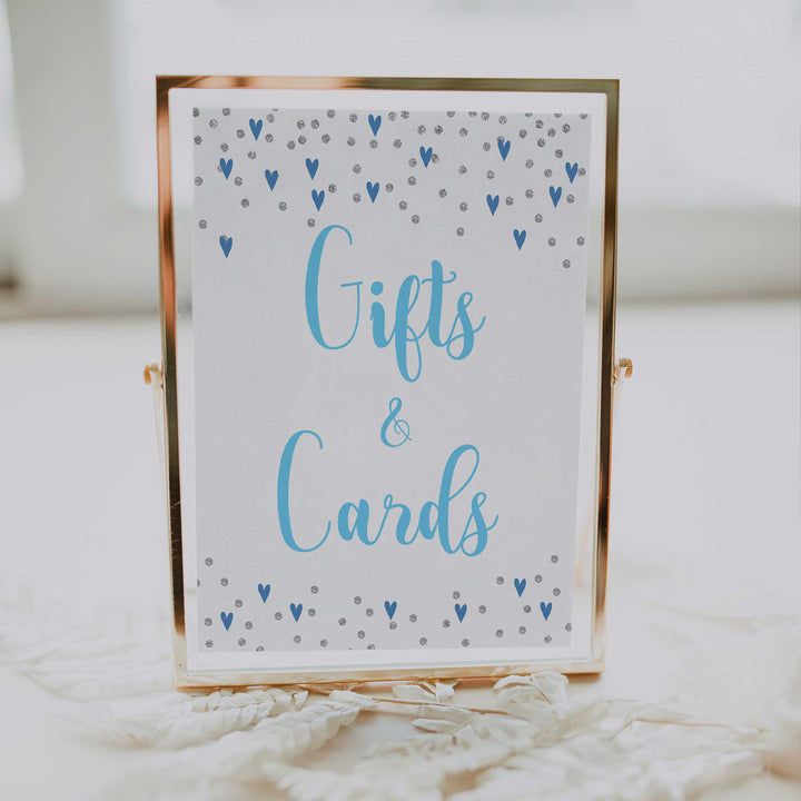 gifts and cards baby table signs, gifts and cards baby sign, Blue hearts baby decor, printable baby table signs, printable baby decor, silver glitter table signs, fun baby signs, blue hearts fun baby table signs