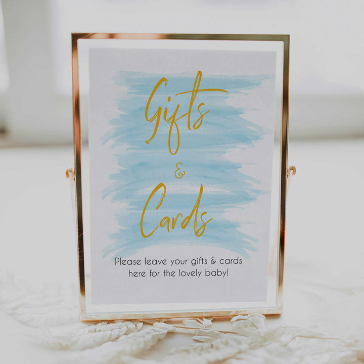 blue watercolor baby shower games, printable baby decor, gifts and cards baby signs, fun baby shower ideas