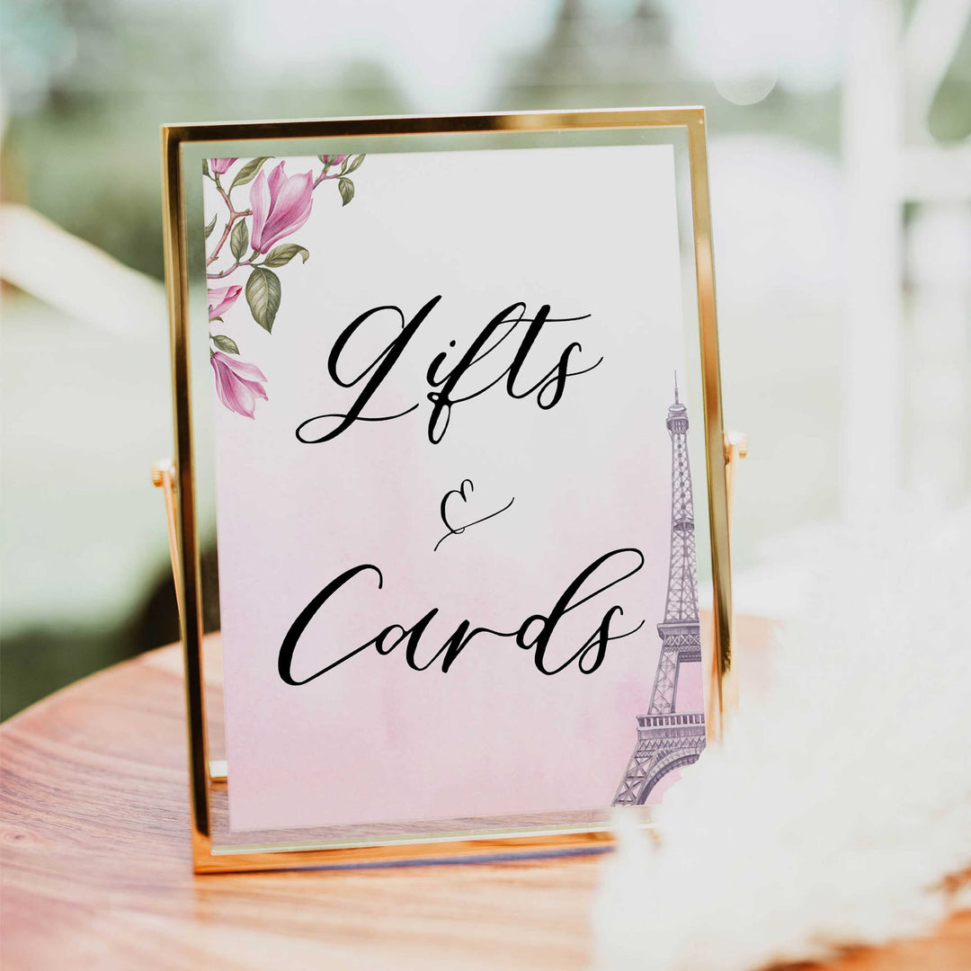 gifts and cards baby shower table signs, Paris baby shower games, printable baby shower games, Parisian baby shower games, fun baby shower games