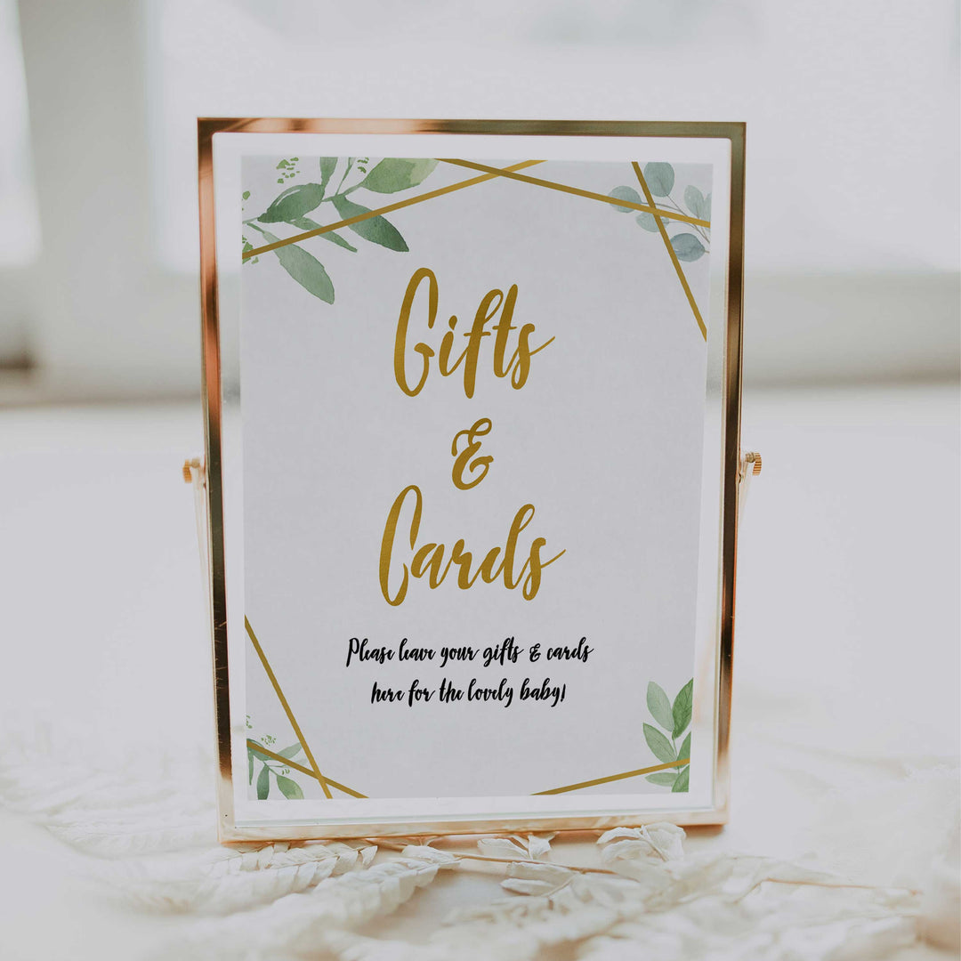 gifts and cards baby signs, gifts and cards baby decor, Gold geometric baby decor, printable baby table signs, printable baby decor, gold table signs, fun baby signs, geometric fun baby table signs