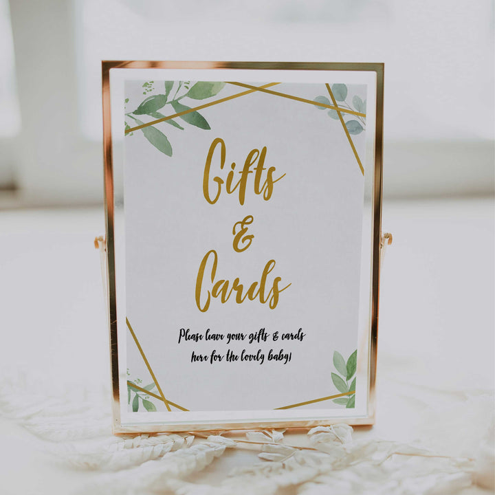 gifts and cards baby signs, gifts and cards baby decor, Gold geometric baby decor, printable baby table signs, printable baby decor, gold table signs, fun baby signs, geometric fun baby table signs