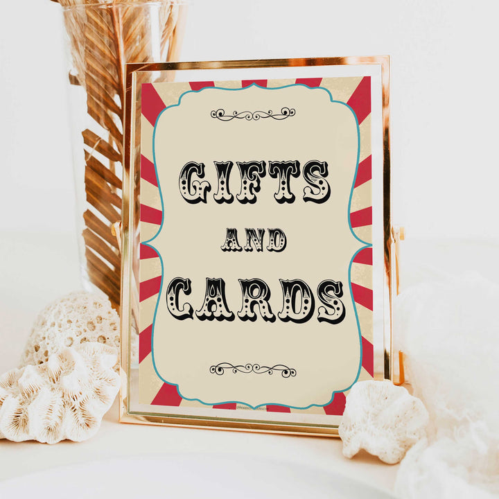 gifts and cards baby table sign, gifts and card baby decor sign, Circus baby decor, printable baby table signs, printable baby decor, carnival table signs, fun baby signs, circus fun baby table signs