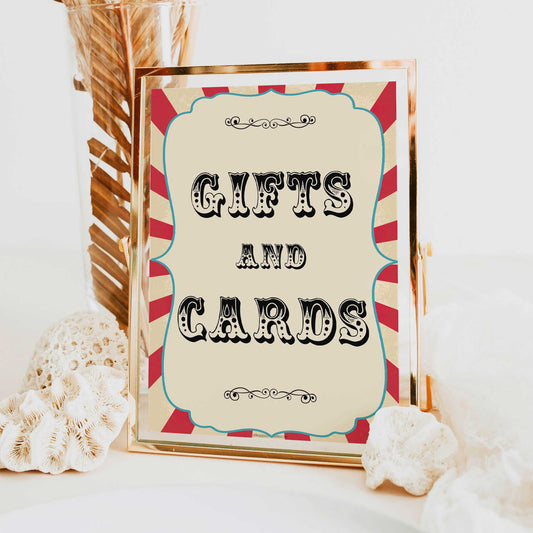 gifts and cards baby table sign, gifts and card baby decor sign, Circus baby decor, printable baby table signs, printable baby decor, carnival table signs, fun baby signs, circus fun baby table signs