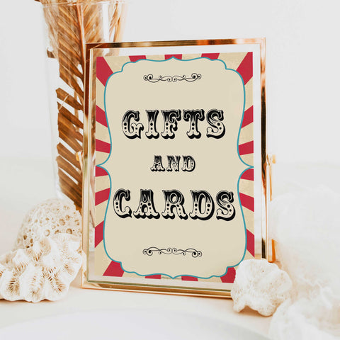 gifts and cards baby table sign, gifts and card baby decor sign, Circus baby decor, printable baby table signs, printable baby decor, carnival table signs, fun baby signs, circus fun baby table signs