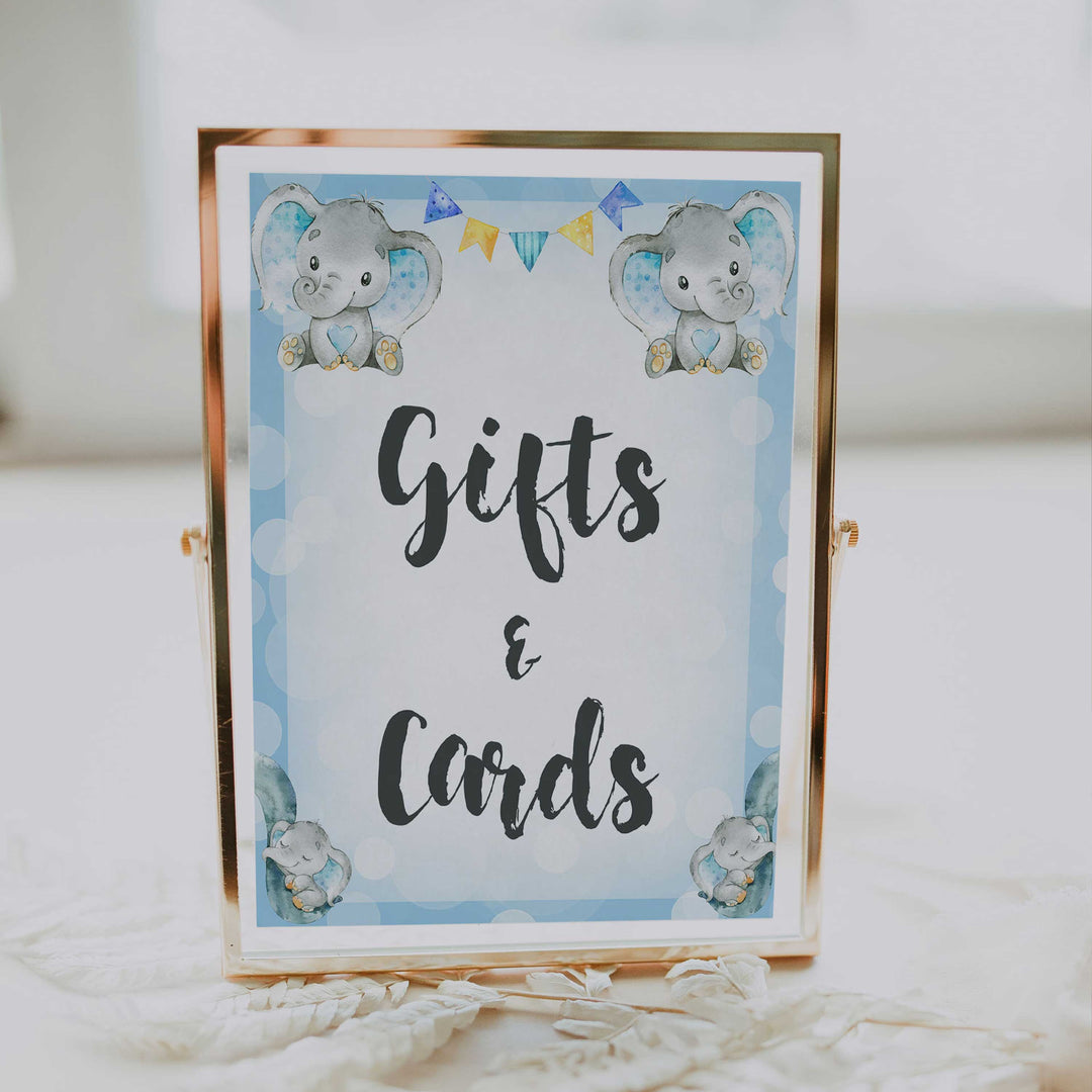 gift and cards baby table signs, gifts and cards baby signs, Blue elephant baby decor, printable baby table signs, printable baby decor, blue table signs, fun baby signs, fun baby table signs